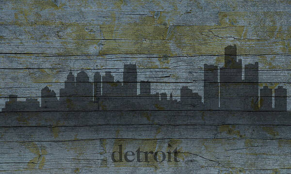 Detroit Art Print featuring the mixed media Detroit Michigan City Skyline Silhouette Distressed on Worn Peeling Wood by Design Turnpike