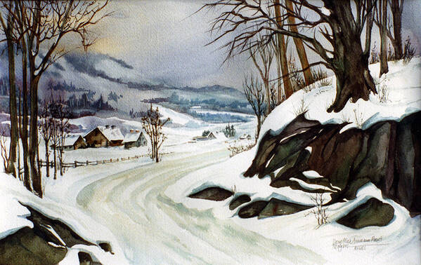 Snowy Road Art Print featuring the painting First Left After the Bend by Dorothea Morgan