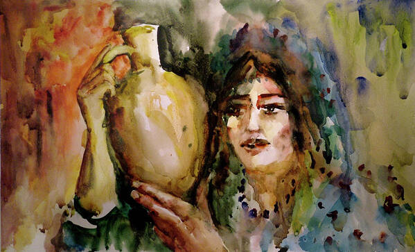 Peasant Art Print featuring the painting Girl with a Jug. by Faruk Koksal