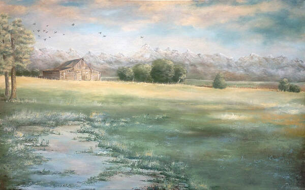 Field Art Print featuring the painting Grand Tetons Barn by Katrina Nixon