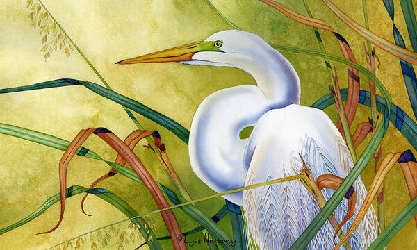 Watercolor Art Print featuring the painting Great White Heron by Lyse Anthony