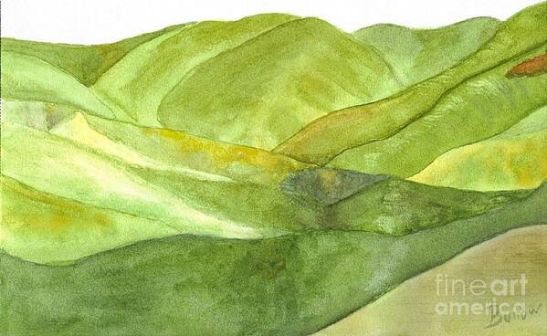 Peaceful Serene Contemplative Hills Valley Calm Green Peace Watercolor Art Art Print featuring the painting Greenpeace by Linda Burrow