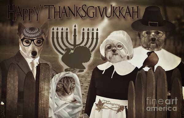 Canine Thanksgiving Art Print featuring the digital art Happy Thanksgivukkah -6 by Kathy Tarochione