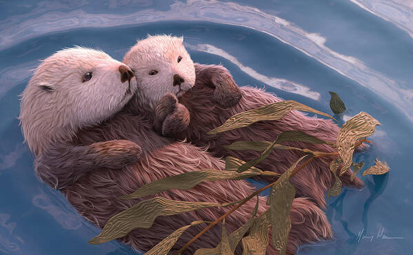 Otter Art Print featuring the painting Holding Hands by Gary Hanna