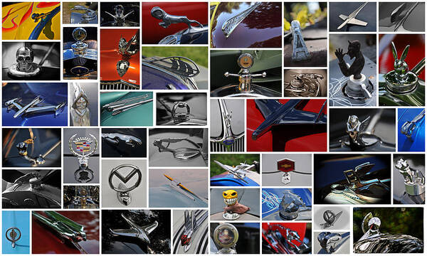 Cars Art Print featuring the photograph Hood Ornament Collage by Mike Martin