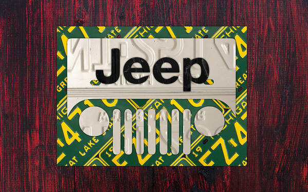 Jeep Art Print featuring the mixed media Jeep Vintage Logo Recycled License Plate Art by Design Turnpike