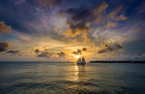 Key Art Print featuring the photograph Key West Florida Sunset and Sailboat Mallory Square by Robert Bellomy
