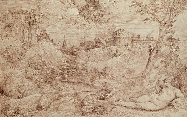 Landscape With A Dragon And A Nude Woman Sleeping Art Print featuring the drawing Landscape with a Dragon and a Nude Woman Sleeping by Titian