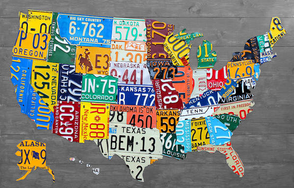 License Plate Map Art Print featuring the mixed media License Plate Map of The United States on Gray Wood Boards by Design Turnpike