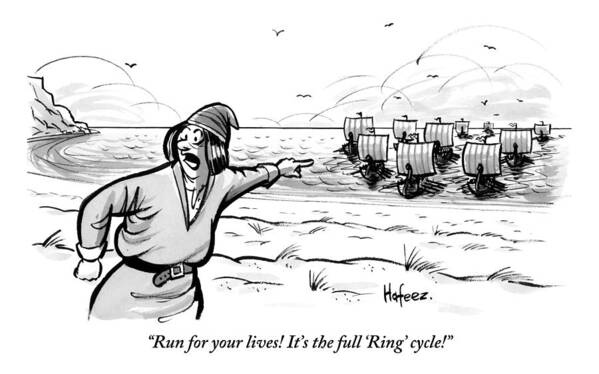 Run For Your Lives! It's The Full 'ring' Cycle!! Art Print featuring the drawing Man Standing On The Beach Screams As A Fleet by Kaamran Hafeez