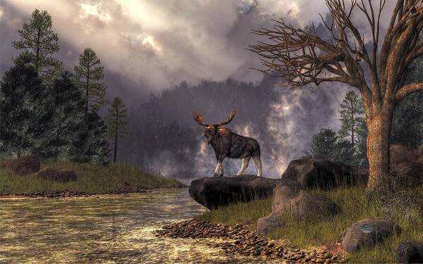 Moose In The Adirondacks Art Print featuring the digital art Moose in the Adirondacks by Daniel Eskridge