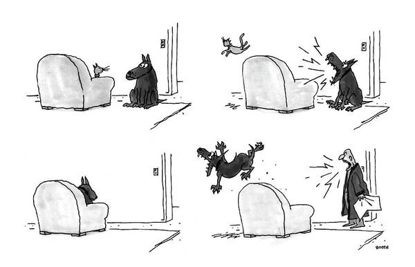 (four Panel Sequence In Which A Cat Sleeping In An Easy Chair Is Frightened Away By A Barking Dog Art Print featuring the drawing New Yorker February 22nd, 1993 by George Booth