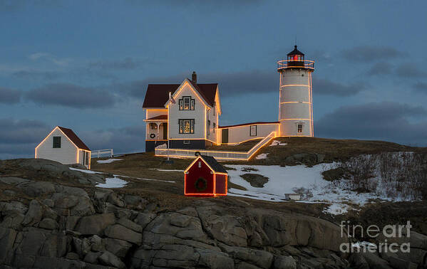 Lighthouse Art Print featuring the photograph Nubble lighthouse at Christmas by Steven Ralser