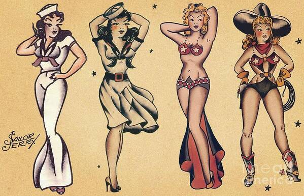 Vintage Art Print featuring the photograph Pin Up Girl Tattoo Sheet by Action