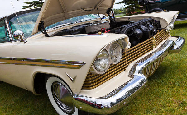 Custom Car Show Shine Classic Granum Alberta Canada Auto Automobile Chrome Hood Fender Bright Retro Art Print featuring the photograph Plymouth Fury Cream by Mick Flynn