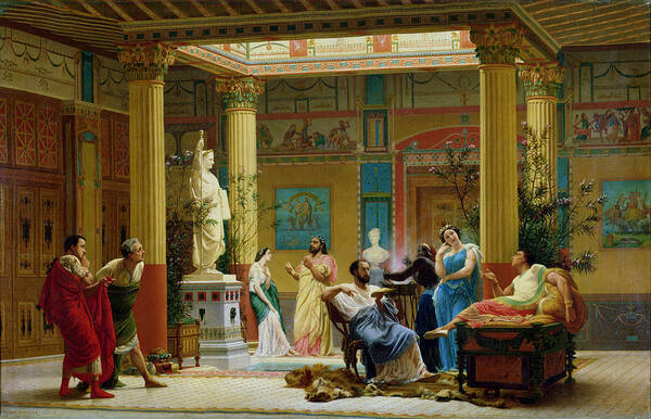 Interior Art Print featuring the painting Rehearsal Of The Fluteplayer And The Diomedes Wife In The Atrium Of The Pompeian House Of Prince by Gustave Clarence Rodolphe Boulanger