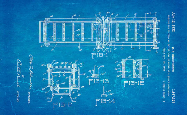 Famous Art Print featuring the photograph Rohwedder Loaf Slicer Patent Art 1932 Blueprint by Ian Monk