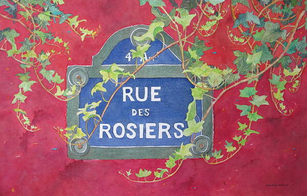 Red Wall Art Print featuring the painting Rue des Rosiers by Mary Ellen Mueller Legault