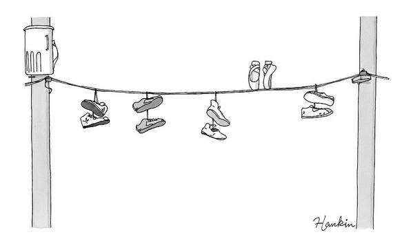Captionless Art Print featuring the drawing Several Pairs Of Shoes Dangle Over An Electrical by Charlie Hankin