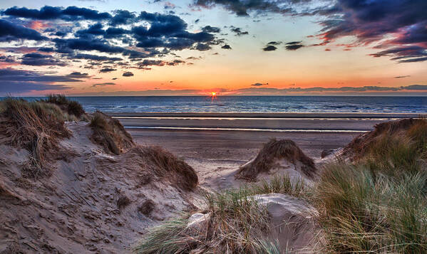 Vacation Art Print featuring the photograph Sunset over Formby Beach through dunes by Steven Heap