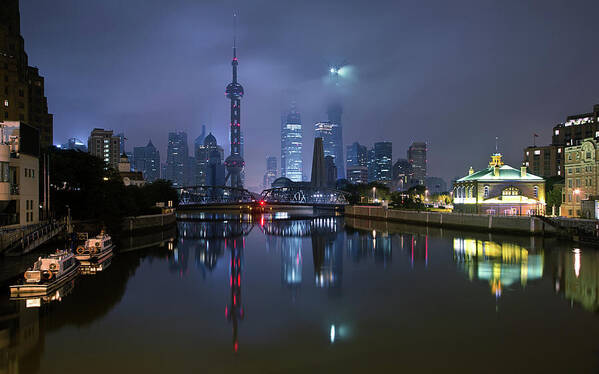 Tranquility Art Print featuring the photograph Suzhou Creek With Shanghai Skyline At by Spreephoto.de