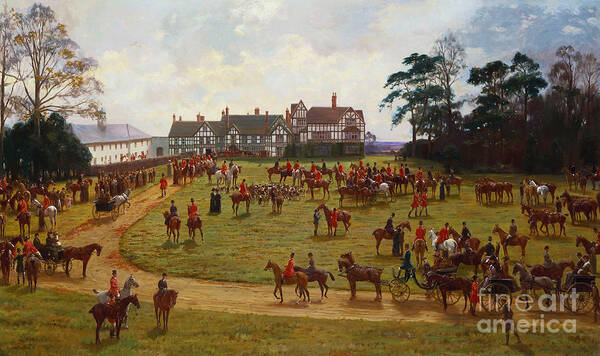 Cheshire; Hunt; Meet; Meeting; Calveley Hall; Foxhunting; Horses; Riders; Country House; Grounds; English; Landscape; Hunting; 19th; England; Birds Eye View; Aerial; Fox; Huntsmen Art Print featuring the painting The Cheshire Hunt  The Meet at Calveley Hall by George Kilburne