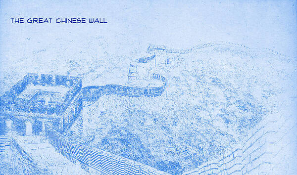 The Great Chinese Wall - Blueprint Drawing Captured Here In Its Engineering Beauty Art Print featuring the digital art The Great Chinese Wall - BluePrint Drawing by MotionAge Designs