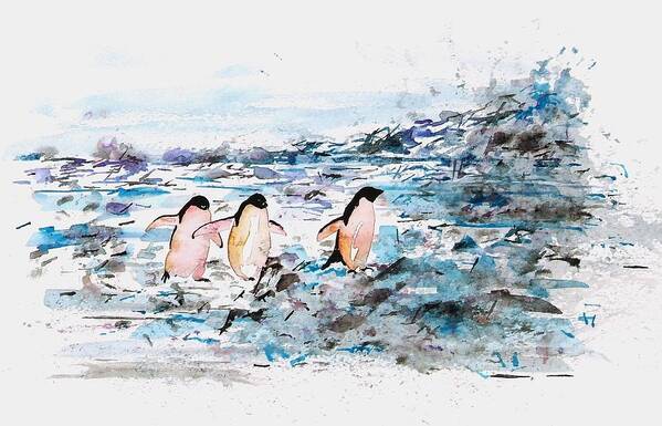 Penguins Art Print featuring the painting The Long Walk 1 by Carolyn Doe