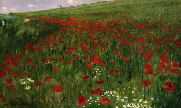 Landscape Art Print featuring the painting The Poppy Field by Pal Szinyei Merse