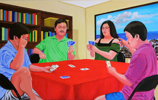 Men Art Print featuring the painting Three Men and a Lady Playing Cards by Cyril Maza