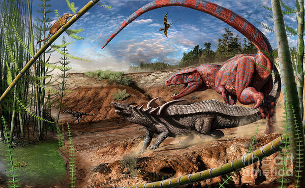 Dinosaur Art Print featuring the digital art Triassic Scene 2 by Julius Csotonyi