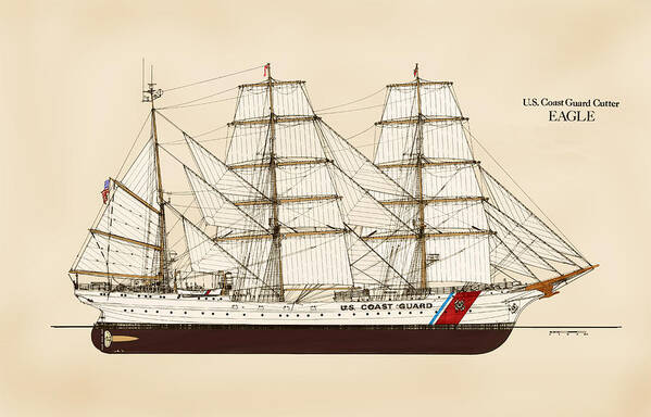 Uscg Art Print featuring the drawing U. S. Coast Guard Cutter Eagle - Color by Jerry McElroy