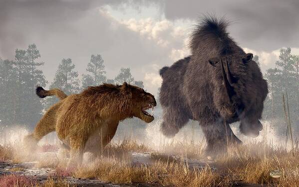 Woolly Rhino Art Print featuring the digital art Woolly Rhino and Cave Lion by Daniel Eskridge