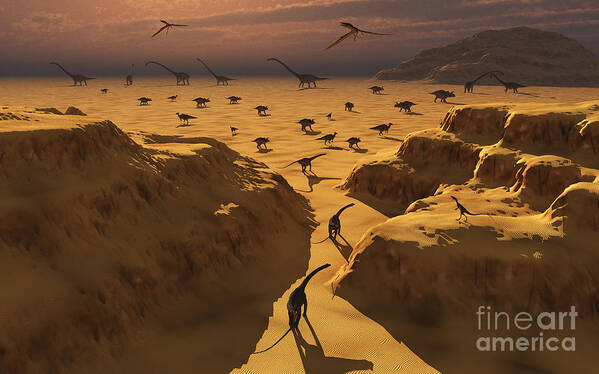 Horizontal Art Print featuring the digital art A Mixed Herd Of Dinosaurs Migrate #1 by Mark Stevenson