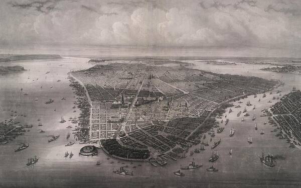 History Art Print featuring the photograph 1851 Birds Eye View Of New-york by Everett