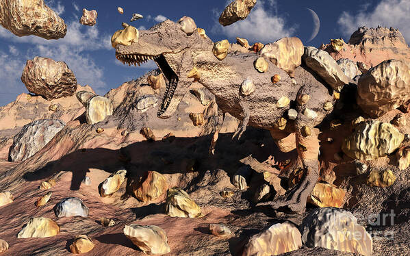 Growl Art Print featuring the digital art A Fossilized T. Rex Bursts To Life by Mark Stevenson