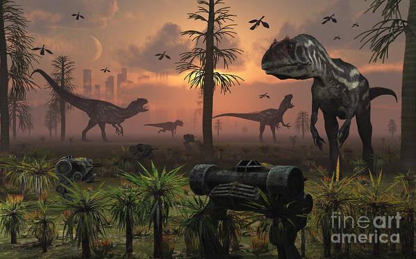 Paleozoology Art Print featuring the digital art A Herd Of Allosaurus Dinosaur Cause by Mark Stevenson