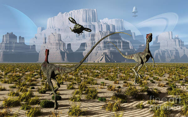 Reptile Art Print featuring the digital art A Pair Of Compsognathus Dinosaurs by Mark Stevenson