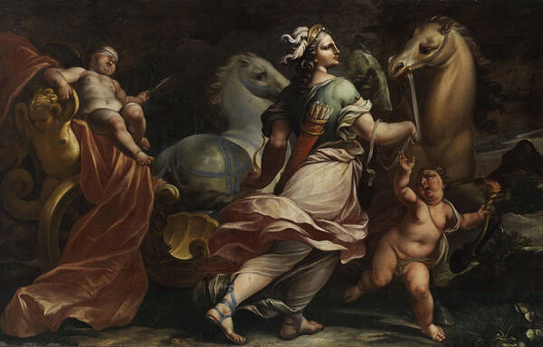 Ancient Roman Goddess Of War Art Print featuring the painting Bellona Takes Possession of Weapons of Cupid by Carlo Cignani