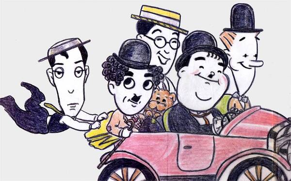 Nostalgia Art Print featuring the drawing Comedians in Model T by Mel Thompson