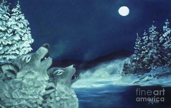 Wolves Winter Moonlight Snow Cold Blue Art Print featuring the painting Moonlight Serenade by Peggy Miller