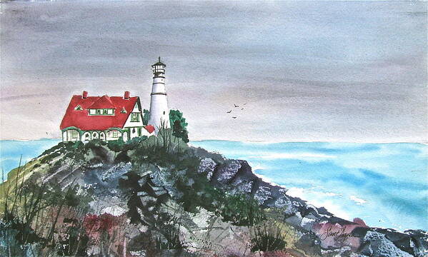 Lighthouse Art Print featuring the painting Portland head light IV by Frank SantAgata