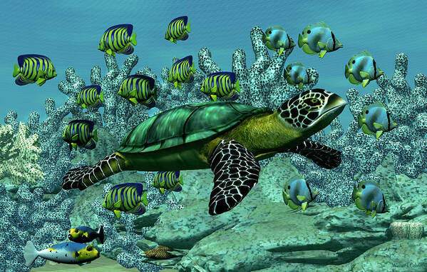 Turtle Art Print featuring the digital art Sea Turtle by Walter Colvin