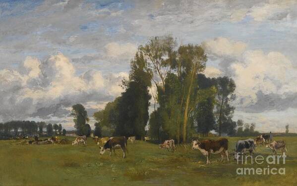 Eugen Jettel 1845 - 1901 Austrian Grazing Cows On A Meadow Art Print featuring the painting Austrian Grazing Cows On A Meadow by MotionAge Designs