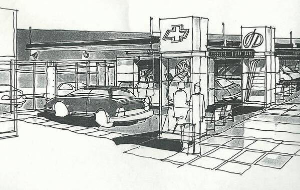 Architecture Car Dealerships Art Print featuring the drawing Chevrolet Showcase #1 by Andrew Drozdowicz