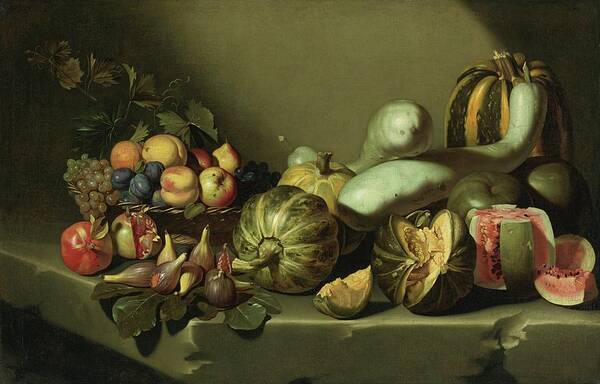 Roman School Art Print featuring the painting Still Life With Fruit On A Stone Ledge #1 by MotionAge Designs