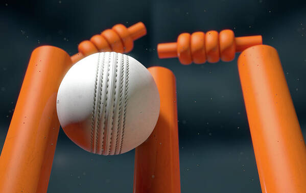 Action Art Print featuring the digital art Cricket Ball Hitting Wickets #13 by Allan Swart