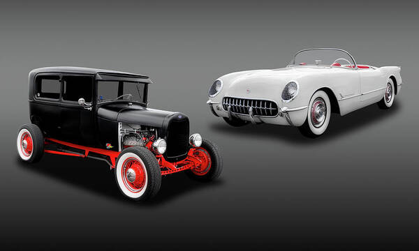 Frank J Benz Art Print featuring the photograph 1954 Chevy Corvette And A 1928 Ford Sedan - 1954VETTE1928FDSED6868 by Frank J Benz