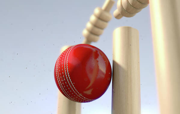 Action Art Print featuring the digital art Cricket Ball Hitting Wickets #6 by Allan Swart