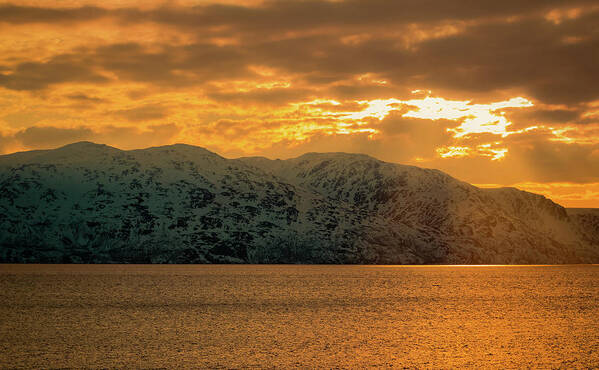 Landscape Art Print featuring the photograph Altafjord Snowy Peaks at Sunset by Adam Rainoff